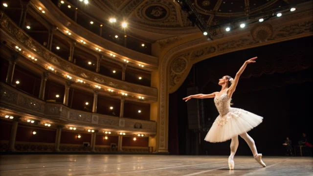 Elegante Balletttänzer auf einer Bühne, klassische Atmosphäre.