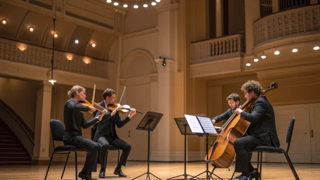 Ein Streichquartett spielt live in einem Konzertsaal.